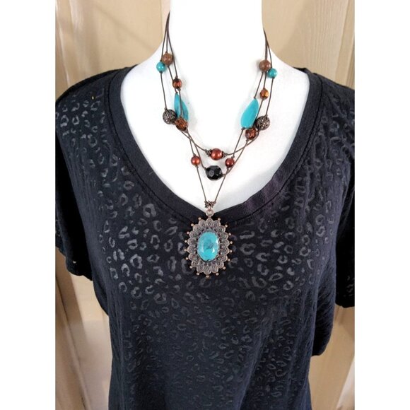 Womens Vintage Copper Filligree Beads and Faux Turquoise 3 Strand Pendant Neckl - Picture 4 of 7